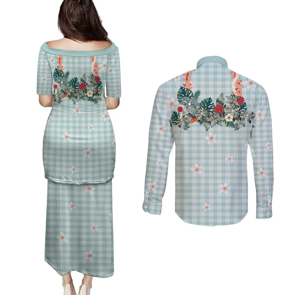 Turquoise Hawaiian Palaka Couples Matching Puletasi and Long Sleeve Button Shirt Kukui Nut Money Lei - Polynesian Pride