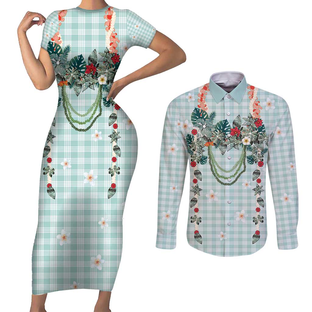 Turquoise Hawaiian Palaka Couples Matching Short Sleeve Bodycon Dress and Long Sleeve Button Shirt Kukui Nut Money Lei - Polynesian Pride