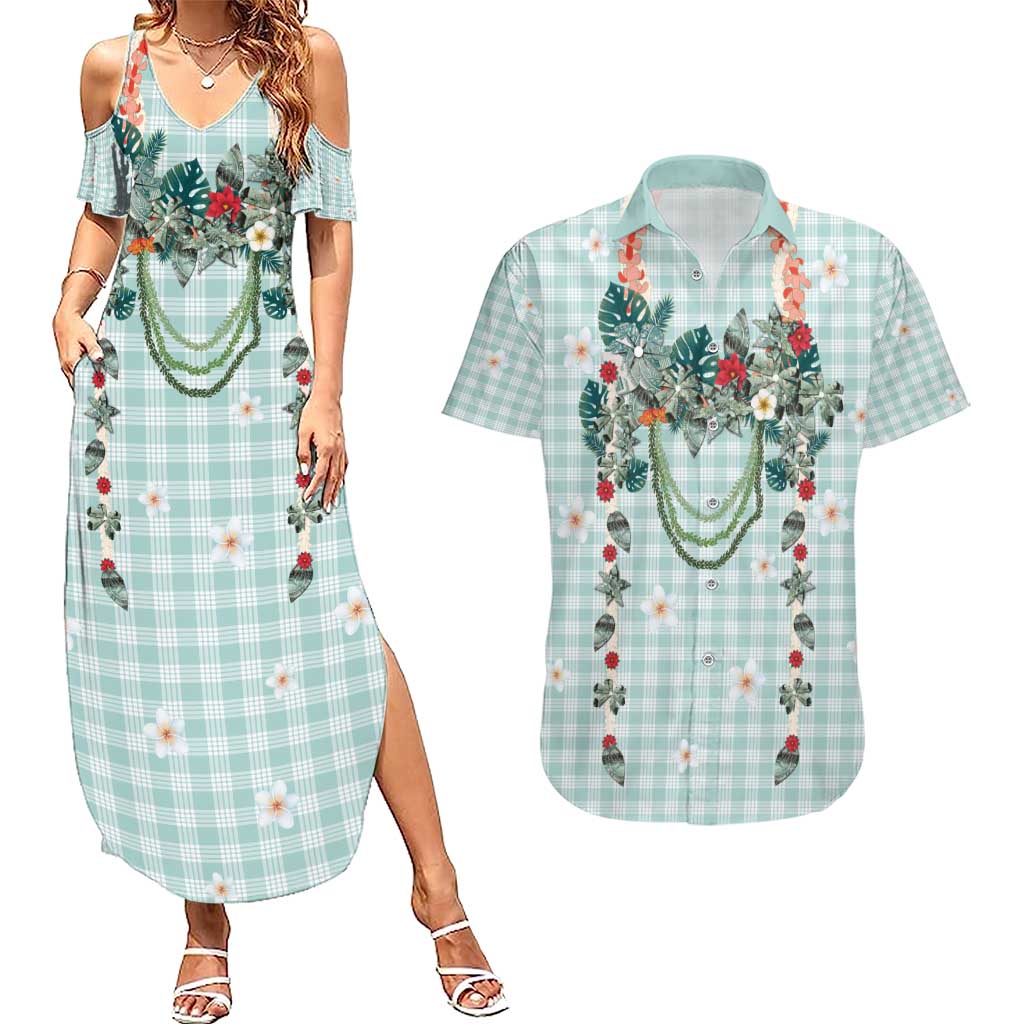 Turquoise Hawaiian Palaka Couples Matching Summer Maxi Dress and Hawaiian Shirt Kukui Nut Money Lei - Polynesian Pride