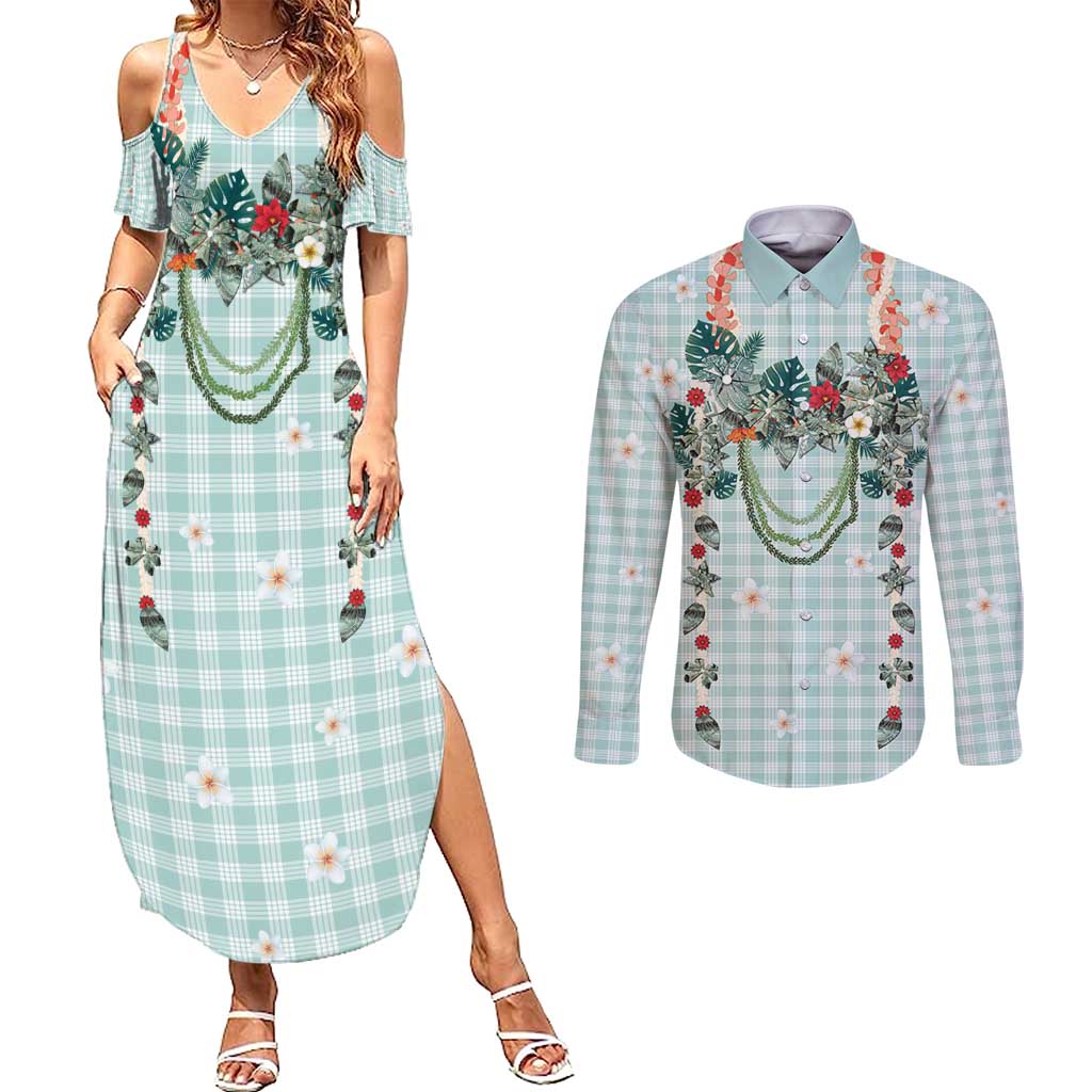 Turquoise Hawaiian Palaka Couples Matching Summer Maxi Dress and Long Sleeve Button Shirt Kukui Nut Money Lei - Polynesian Pride