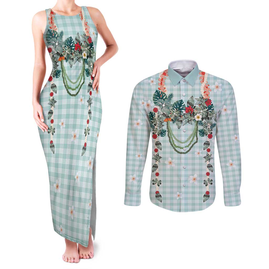 Turquoise Hawaiian Palaka Couples Matching Tank Maxi Dress and Long Sleeve Button Shirt Kukui Nut Money Lei - Polynesian Pride