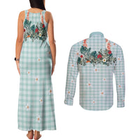 Turquoise Hawaiian Palaka Couples Matching Tank Maxi Dress and Long Sleeve Button Shirt Kukui Nut Money Lei - Polynesian Pride