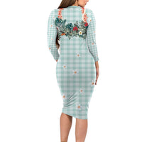 Turquoise Hawaiian Palaka Family Matching Long Sleeve Bodycon Dress and Hawaiian Shirt Kukui Nut Money Lei - Polynesian Pride