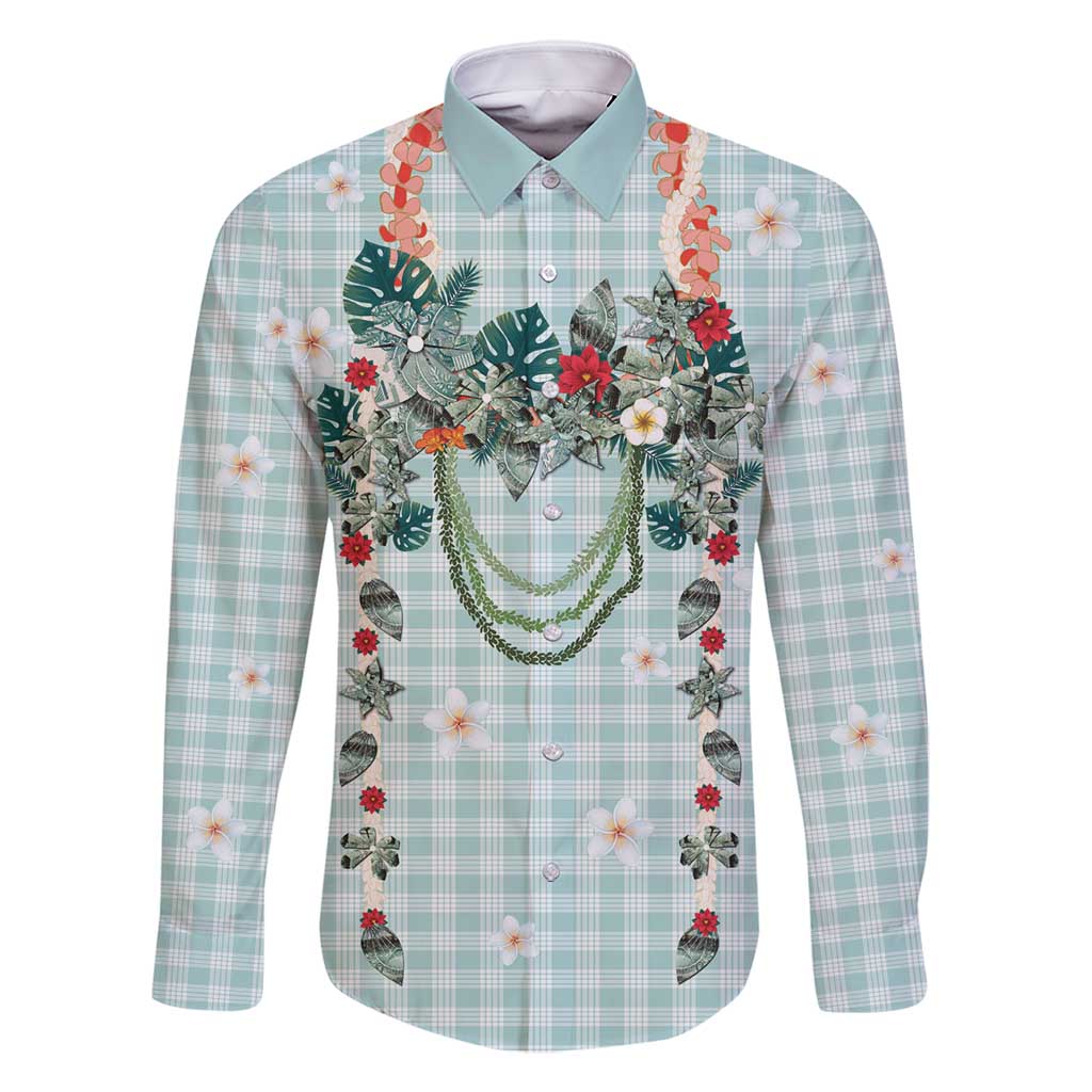 Turquoise Hawaiian Palaka Family Matching Mermaid Dress and Hawaiian Shirt Kukui Nut Money Lei - Polynesian Pride