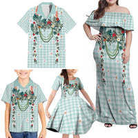 Turquoise Hawaiian Palaka Family Matching Off Shoulder Maxi Dress and Hawaiian Shirt Kukui Nut Money Lei - Polynesian Pride