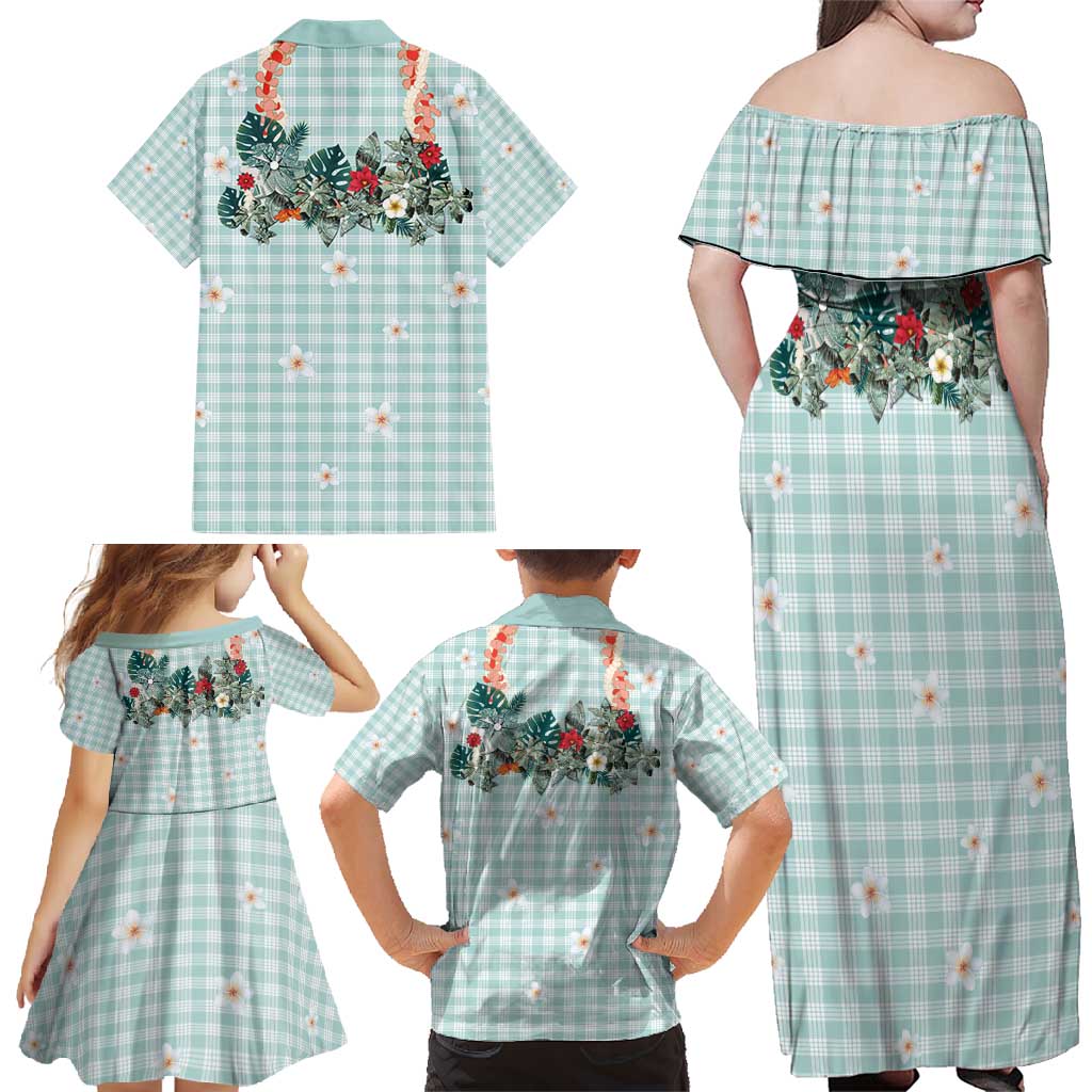 Turquoise Hawaiian Palaka Family Matching Off Shoulder Maxi Dress and Hawaiian Shirt Kukui Nut Money Lei - Polynesian Pride