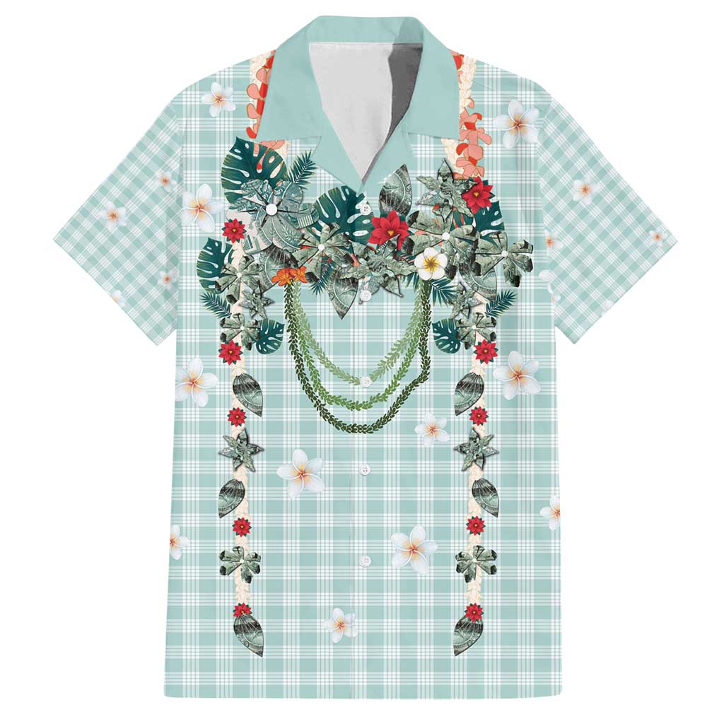 Turquoise Hawaiian Palaka Family Matching Puletasi and Hawaiian Shirt Kukui Nut Money Lei - Polynesian Pride