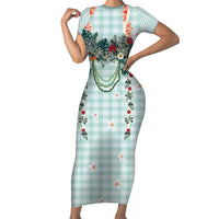 Turquoise Hawaiian Palaka Family Matching Short Sleeve Bodycon Dress and Hawaiian Shirt Kukui Nut Money Lei - Polynesian Pride