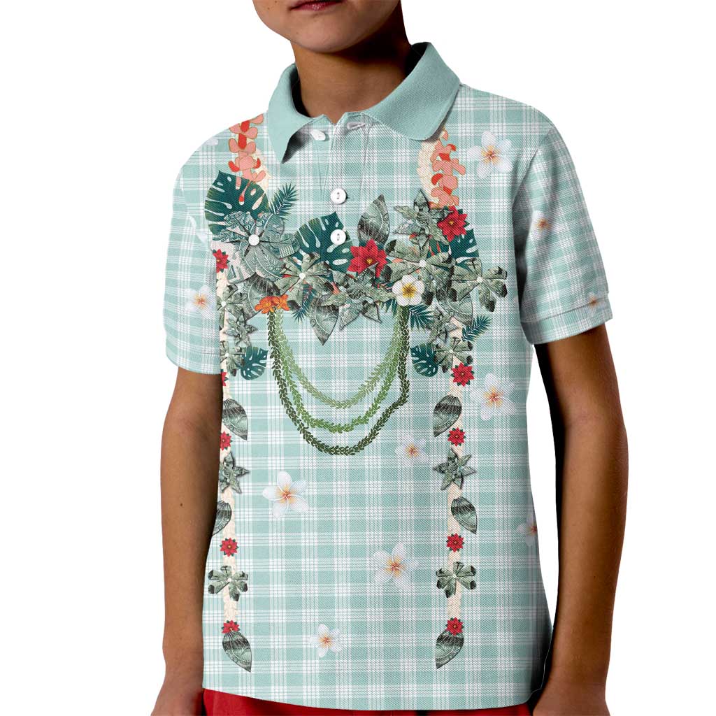 Turquoise Hawaiian Palaka Kid Polo Shirt Kukui Nut Money Lei - Polynesian Pride