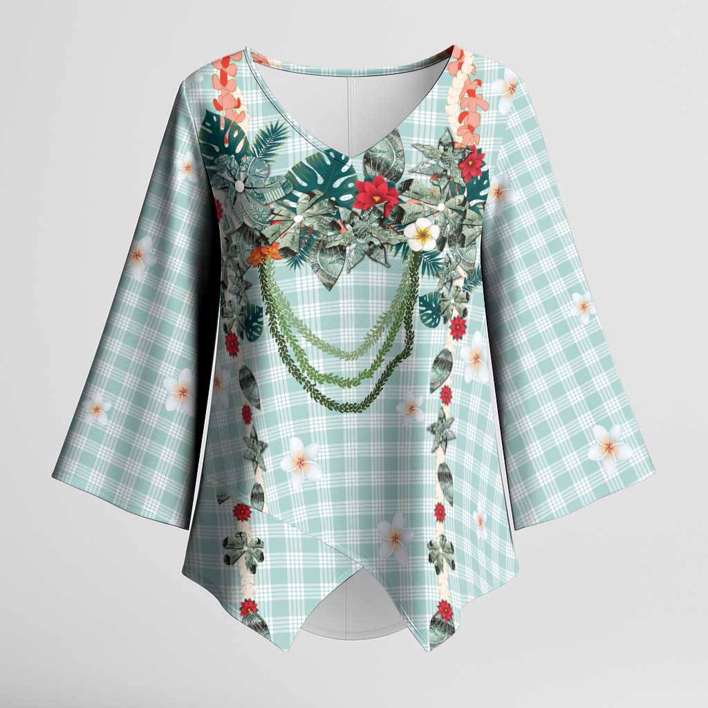 Turquoise Hawaiian Palaka Kimono Sleeve Blouse Kukui Nut Money Lei - Polynesian Pride