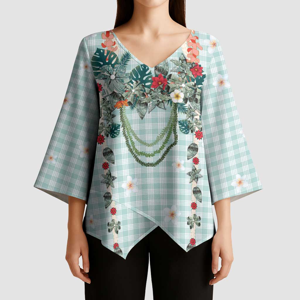 Turquoise Hawaiian Palaka Kimono Sleeve Blouse Kukui Nut Money Lei - Polynesian Pride