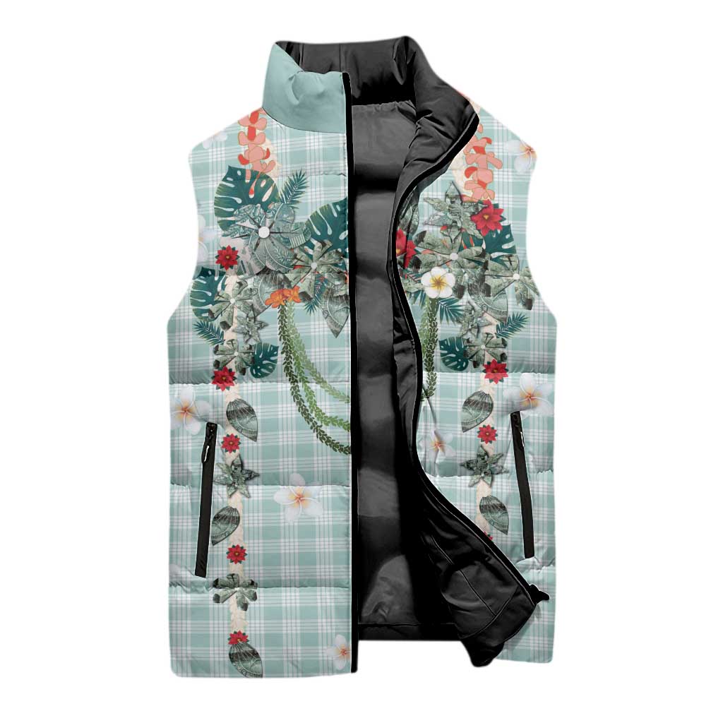 Turquoise Hawaiian Palaka Sleeveless Puffer Jacket Kukui Nut Money Lei - Polynesian Pride
