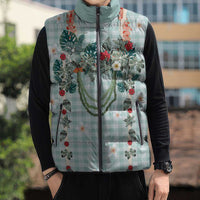 Turquoise Hawaiian Palaka Sleeveless Puffer Jacket Kukui Nut Money Lei - Polynesian Pride