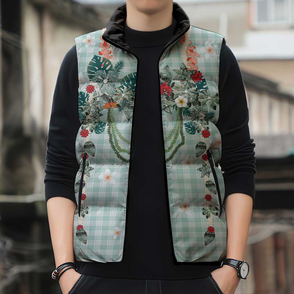 Turquoise Hawaiian Palaka Sleeveless Puffer Jacket Kukui Nut Money Lei - Polynesian Pride