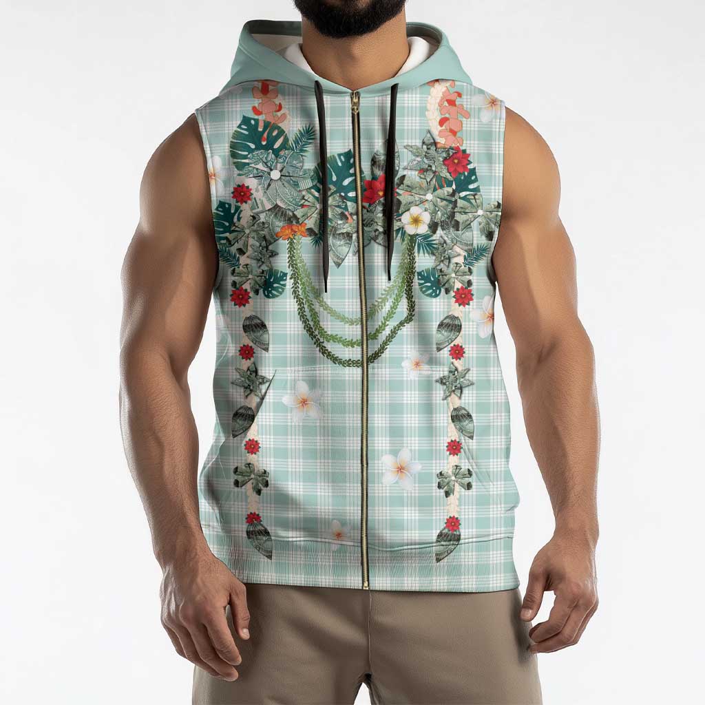 Turquoise Hawaiian Palaka Sleeveless Zip Hoodie Kukui Nut Money Lei - Polynesian Pride