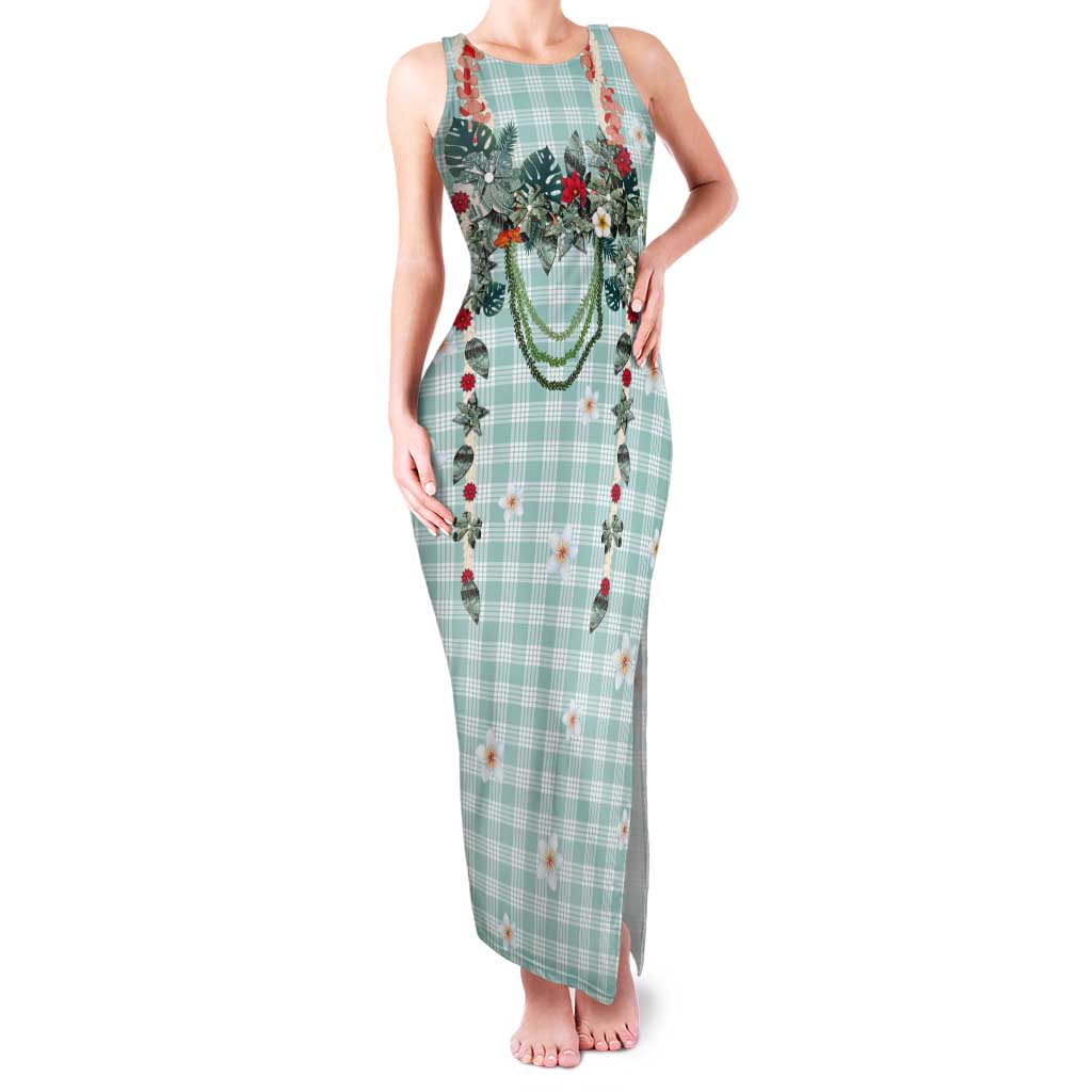 Turquoise Hawaiian Palaka Tank Maxi Dress Kukui Nut Money Lei - Polynesian Pride