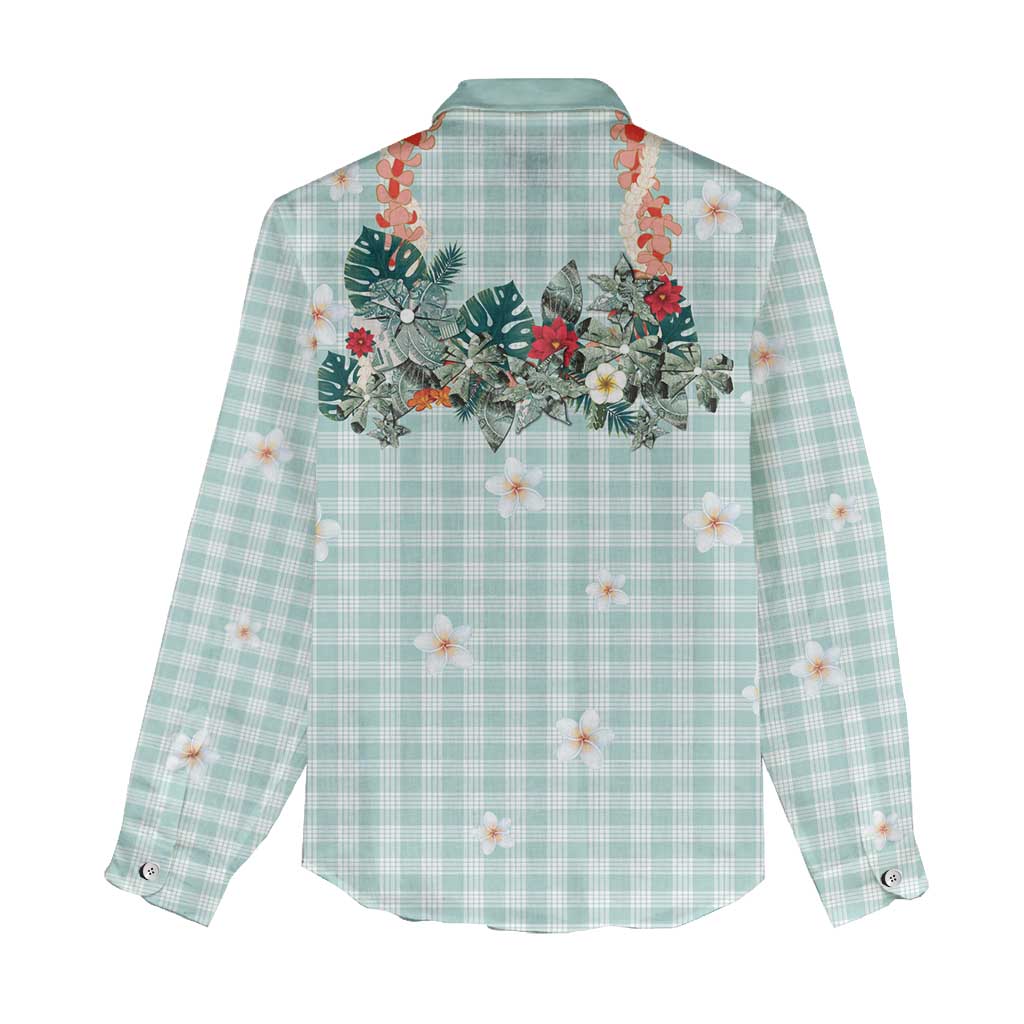 Turquoise Hawaiian Palaka Women Casual Shirt Kukui Nut Money Lei - Polynesian Pride