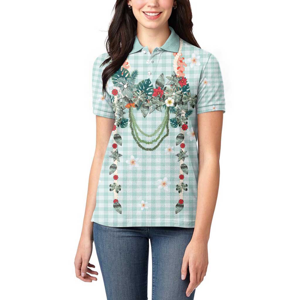 Turquoise Hawaiian Palaka Women Polo Shirt Kukui Nut Money Lei - Polynesian Pride