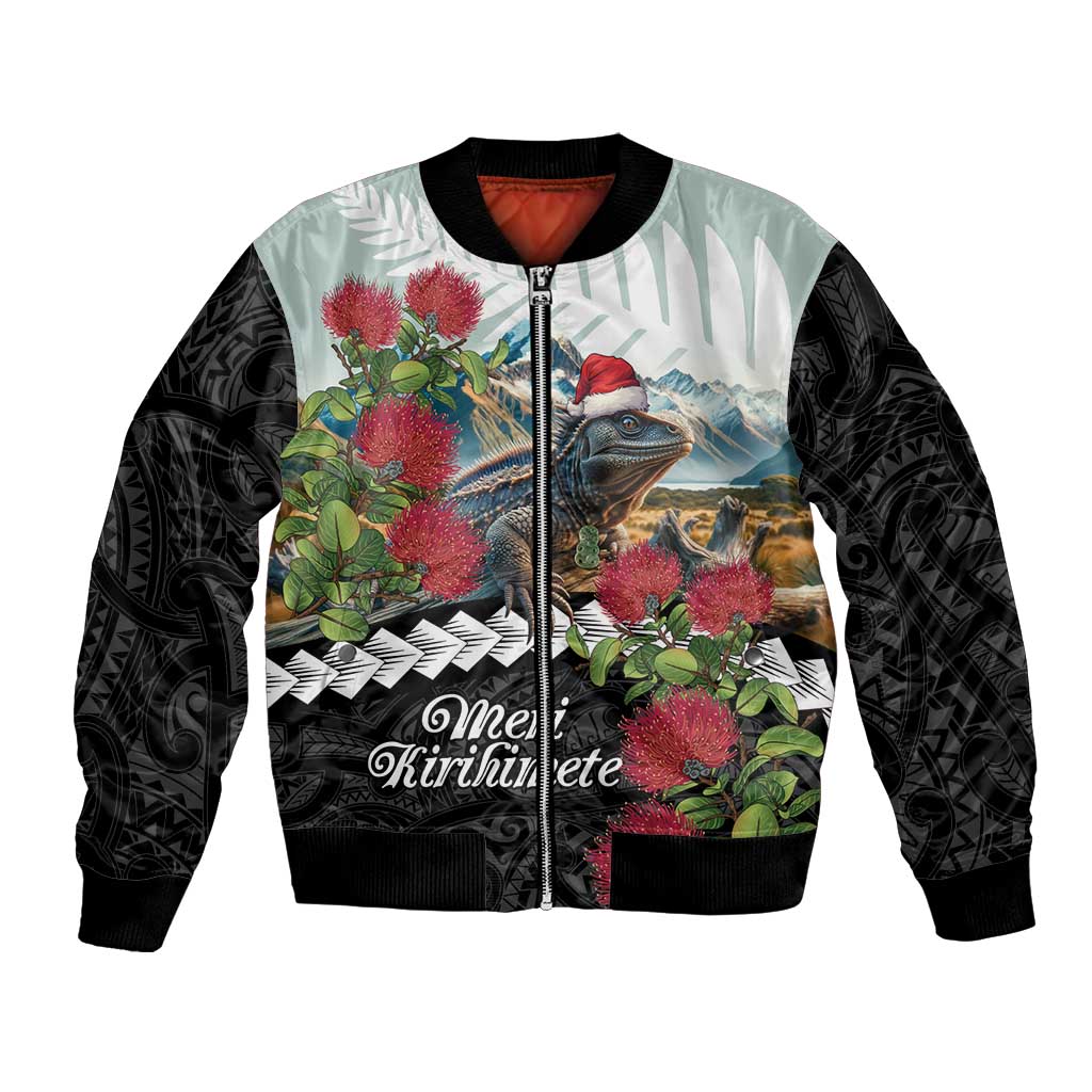 Meri Kirihimete Tuatara Bomber Jacket New Zealand Fern with Puhutukawa Flowers LT9 Unisex Green - Polynesian Pride