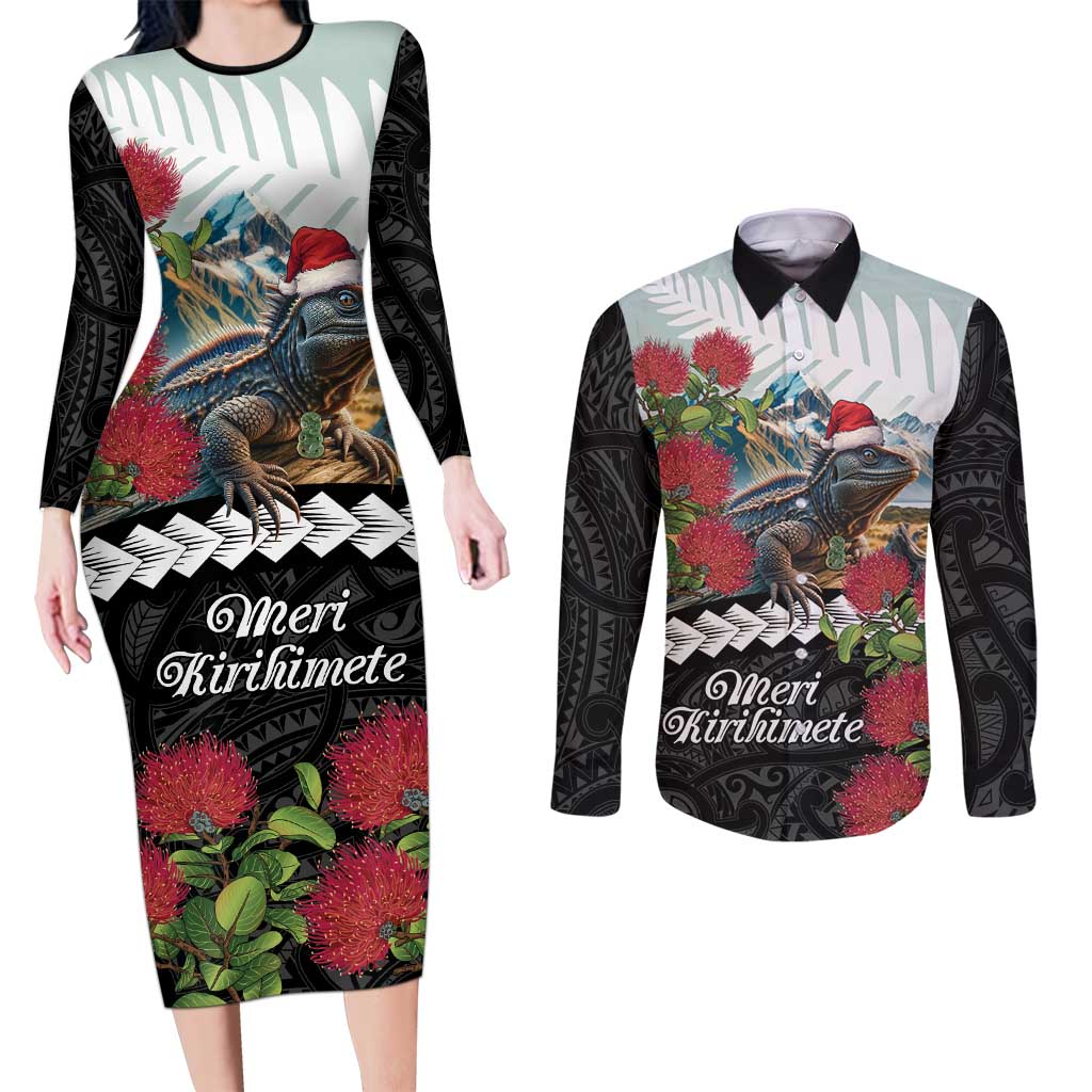 Meri Kirihimete Tuatara Couples Matching Long Sleeve Bodycon Dress and Long Sleeve Button Shirt New Zealand Fern with Puhutukawa Flowers