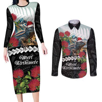 Meri Kirihimete Tuatara Couples Matching Long Sleeve Bodycon Dress and Long Sleeve Button Shirt New Zealand Fern with Puhutukawa Flowers