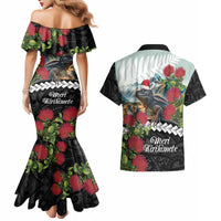 Meri Kirihimete Tuatara Couples Matching Mermaid Dress and Hawaiian Shirt New Zealand Fern with Puhutukawa Flowers