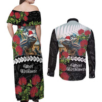 Meri Kirihimete Tuatara Couples Matching Off Shoulder Maxi Dress and Long Sleeve Button Shirt New Zealand Fern with Puhutukawa Flowers