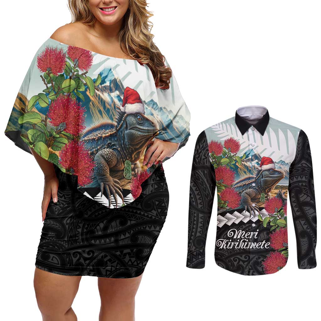 Meri Kirihimete Tuatara Couples Matching Off Shoulder Short Dress and Long Sleeve Button Shirt New Zealand Fern with Puhutukawa Flowers