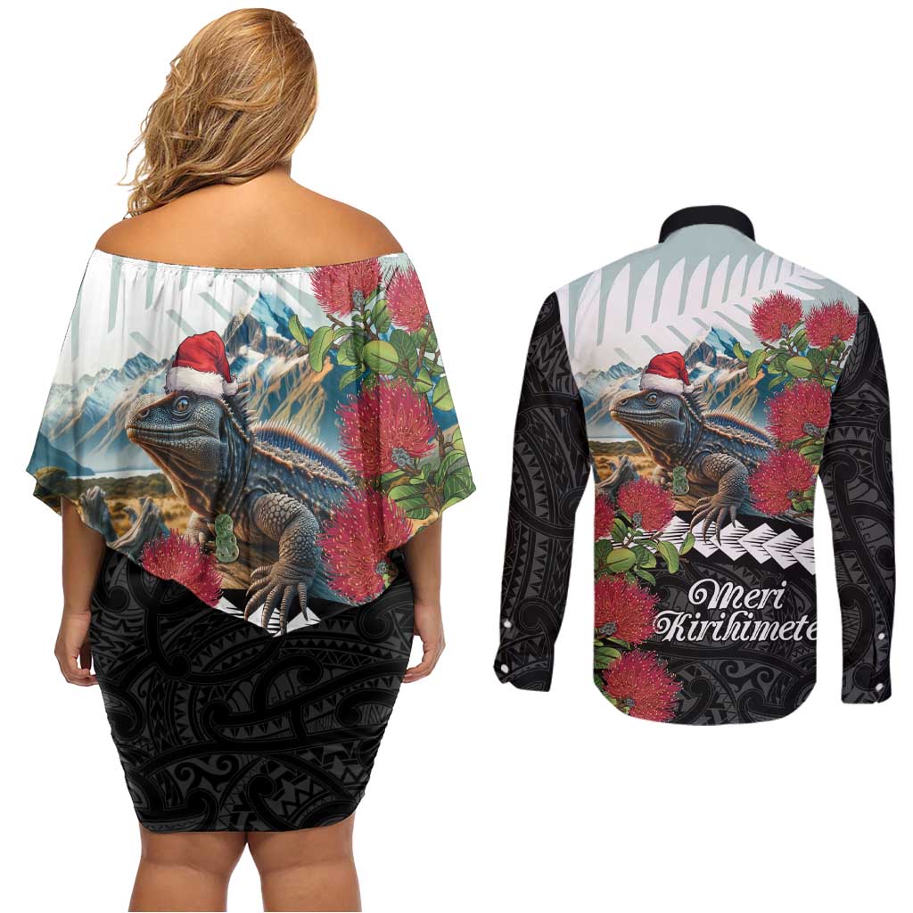 Meri Kirihimete Tuatara Couples Matching Off Shoulder Short Dress and Long Sleeve Button Shirt New Zealand Fern with Puhutukawa Flowers