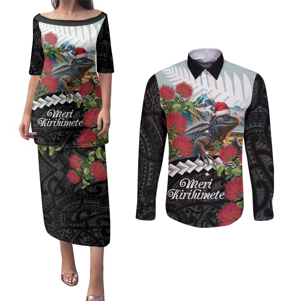Meri Kirihimete Tuatara Couples Matching Puletasi and Long Sleeve Button Shirt New Zealand Fern with Puhutukawa Flowers