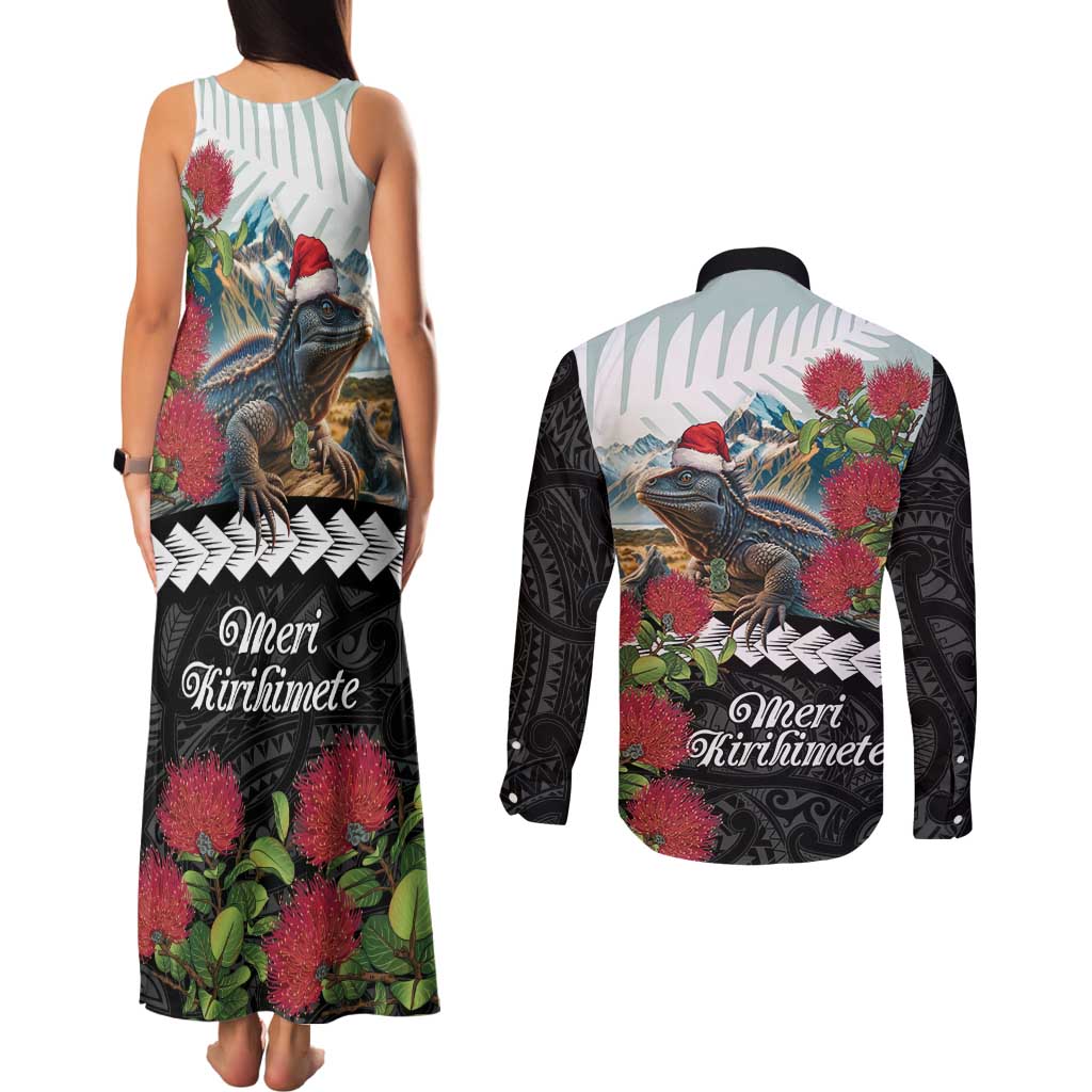 Meri Kirihimete Tuatara Couples Matching Tank Maxi Dress and Long Sleeve Button Shirt New Zealand Fern with Puhutukawa Flowers