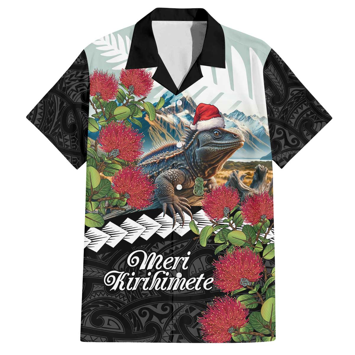 Meri Kirihimete Tuatara Family Matching Off The Shoulder Long Sleeve Dress and Hawaiian Shirt New Zealand Fern with Puhutukawa Flowers
