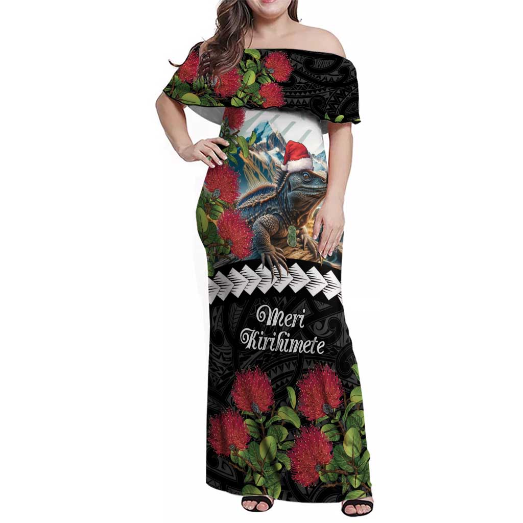 Meri Kirihimete Tuatara Family Matching Off Shoulder Maxi Dress and Hawaiian Shirt New Zealand Fern with Puhutukawa Flowers