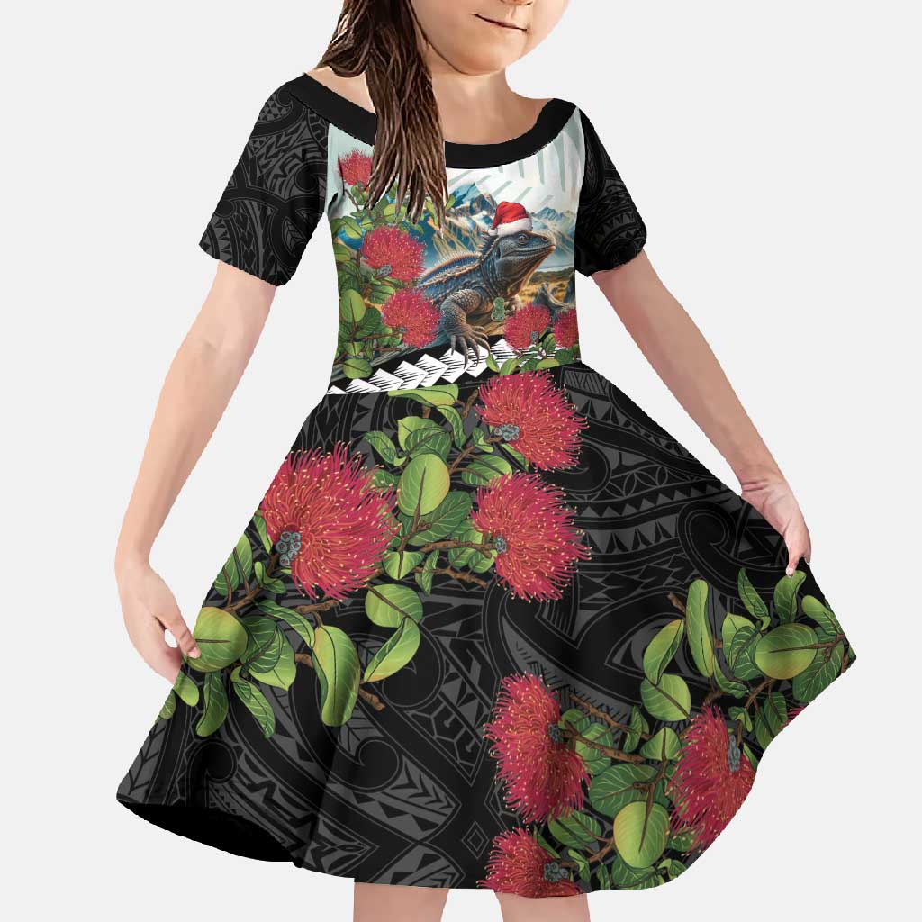 Meri Kirihimete Tuatara Family Matching Short Sleeve Bodycon Dress and Hawaiian Shirt New Zealand Fern with Puhutukawa Flowers LT9 Daughter's Dress Green - Polynesian Pride