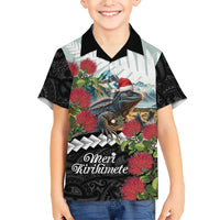 Meri Kirihimete Tuatara Family Matching Short Sleeve Bodycon Dress and Hawaiian Shirt New Zealand Fern with Puhutukawa Flowers LT9 Son's Shirt Green - Polynesian Pride