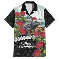 Meri Kirihimete Tuatara Family Matching Tank Maxi Dress and Hawaiian Shirt New Zealand Fern with Puhutukawa Flowers LT9 Dad's Shirt - Short Sleeve Green - Polynesian Pride