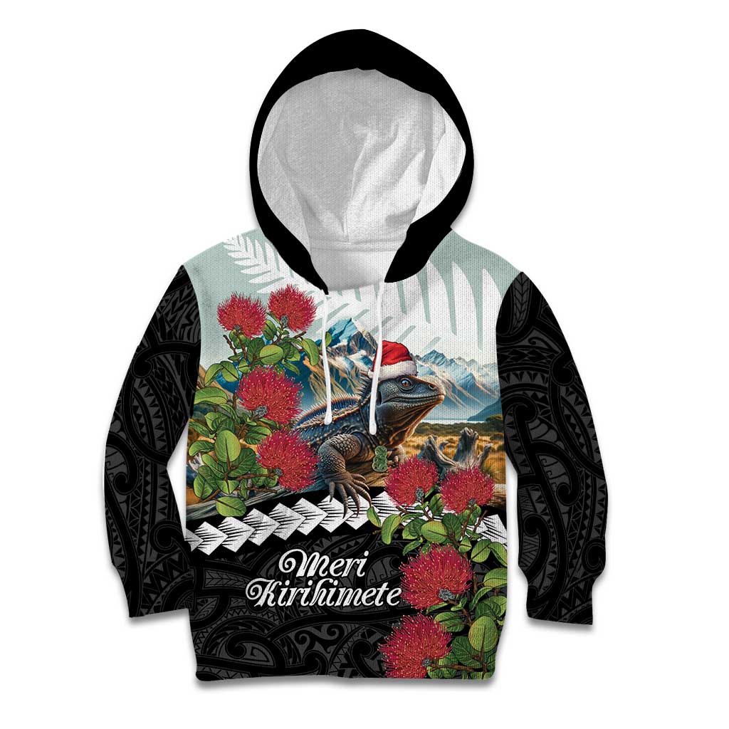 Meri Kirihimete Tuatara Kid Hoodie New Zealand Fern with Puhutukawa Flowers