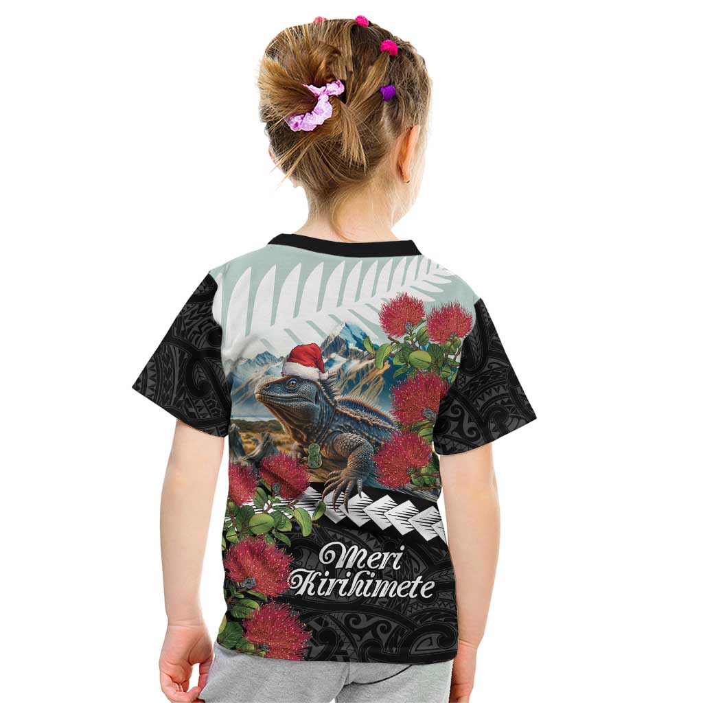 Meri Kirihimete Tuatara Kid T Shirt New Zealand Fern with Puhutukawa Flowers