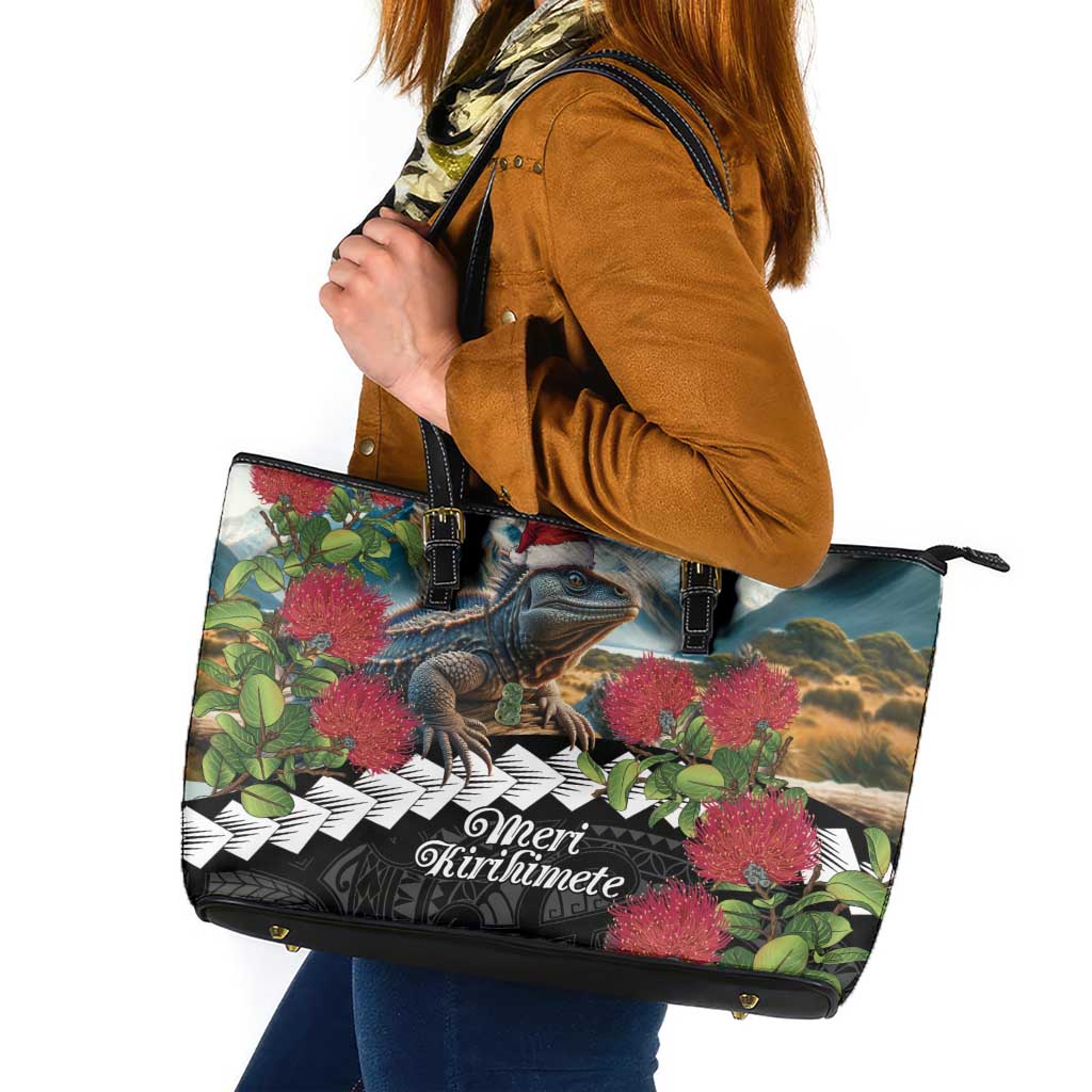 Meri Kirihimete Tuatara Leather Tote Bag New Zealand Fern with Puhutukawa Flowers