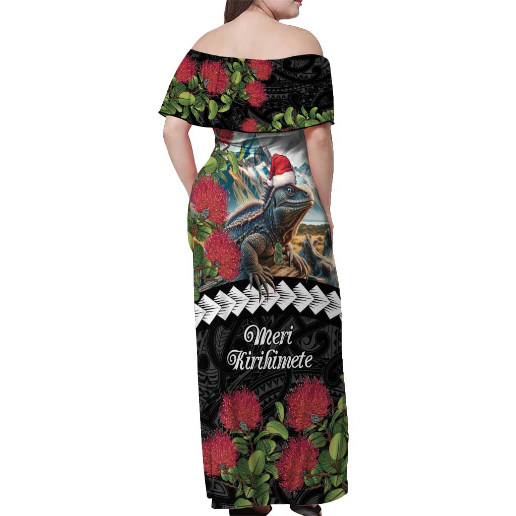 Meri Kirihimete Tuatara Off Shoulder Maxi Dress New Zealand Fern with Puhutukawa Flowers