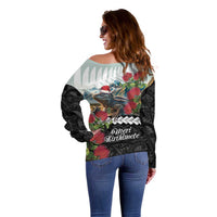 Meri Kirihimete Tuatara Off Shoulder Sweater New Zealand Fern with Puhutukawa Flowers