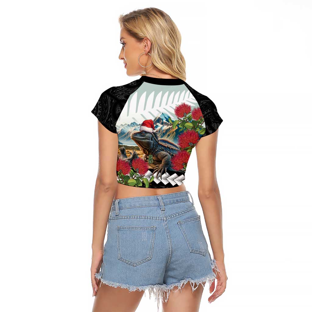 Meri Kirihimete Tuatara Raglan Cropped T Shirt New Zealand Fern with Puhutukawa Flowers
