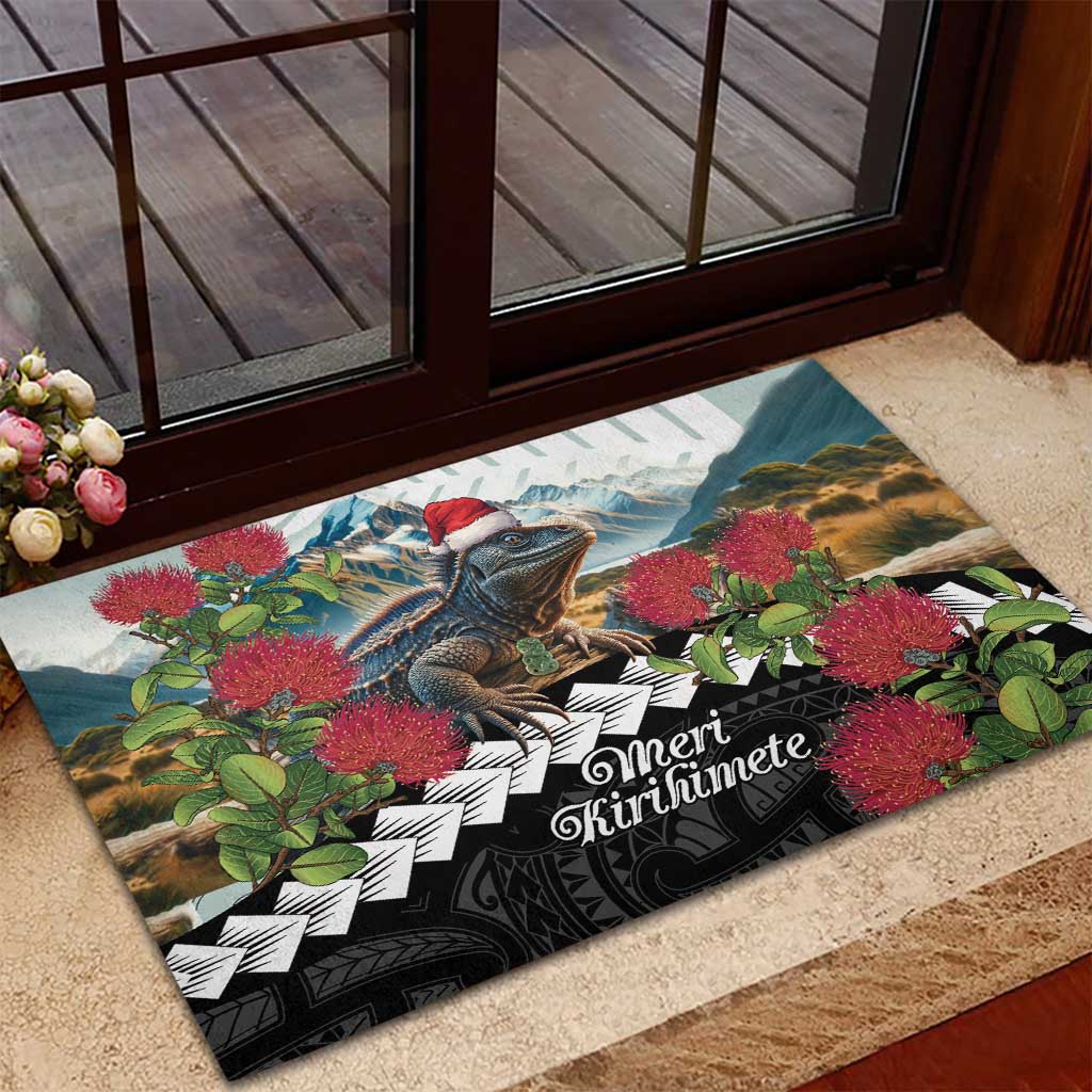 Meri Kirihimete Tuatara Rubber Doormat New Zealand Fern with Puhutukawa Flowers
