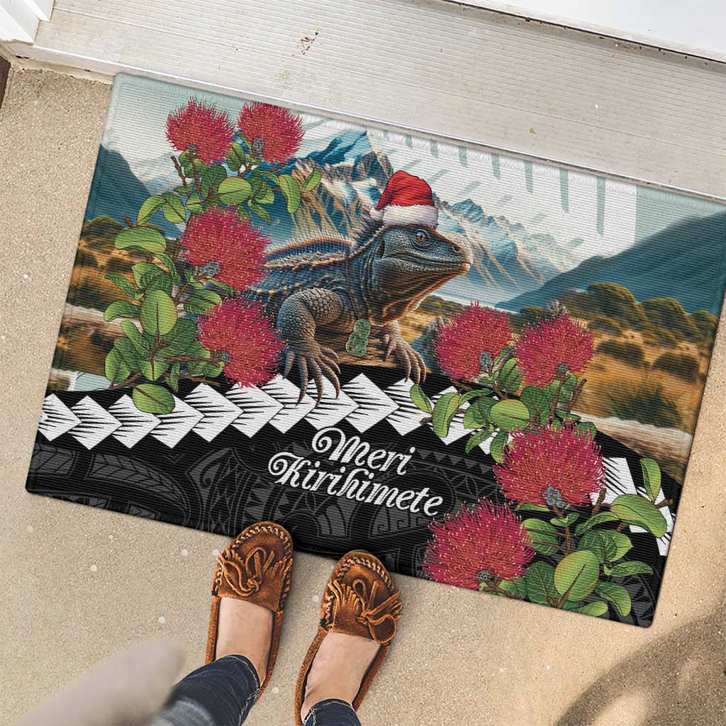 Meri Kirihimete Tuatara Rubber Doormat New Zealand Fern with Puhutukawa Flowers