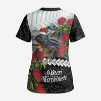 Meri Kirihimete Tuatara Scrub Top New Zealand Fern with Puhutukawa Flowers - Polynesian Pride