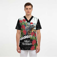 Meri Kirihimete Tuatara Scrub Top New Zealand Fern with Puhutukawa Flowers - Polynesian Pride