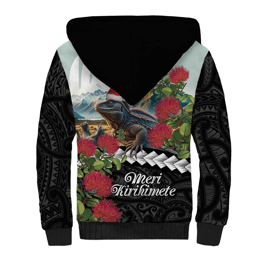 Meri Kirihimete Tuatara Sherpa Hoodie New Zealand Fern with Puhutukawa Flowers