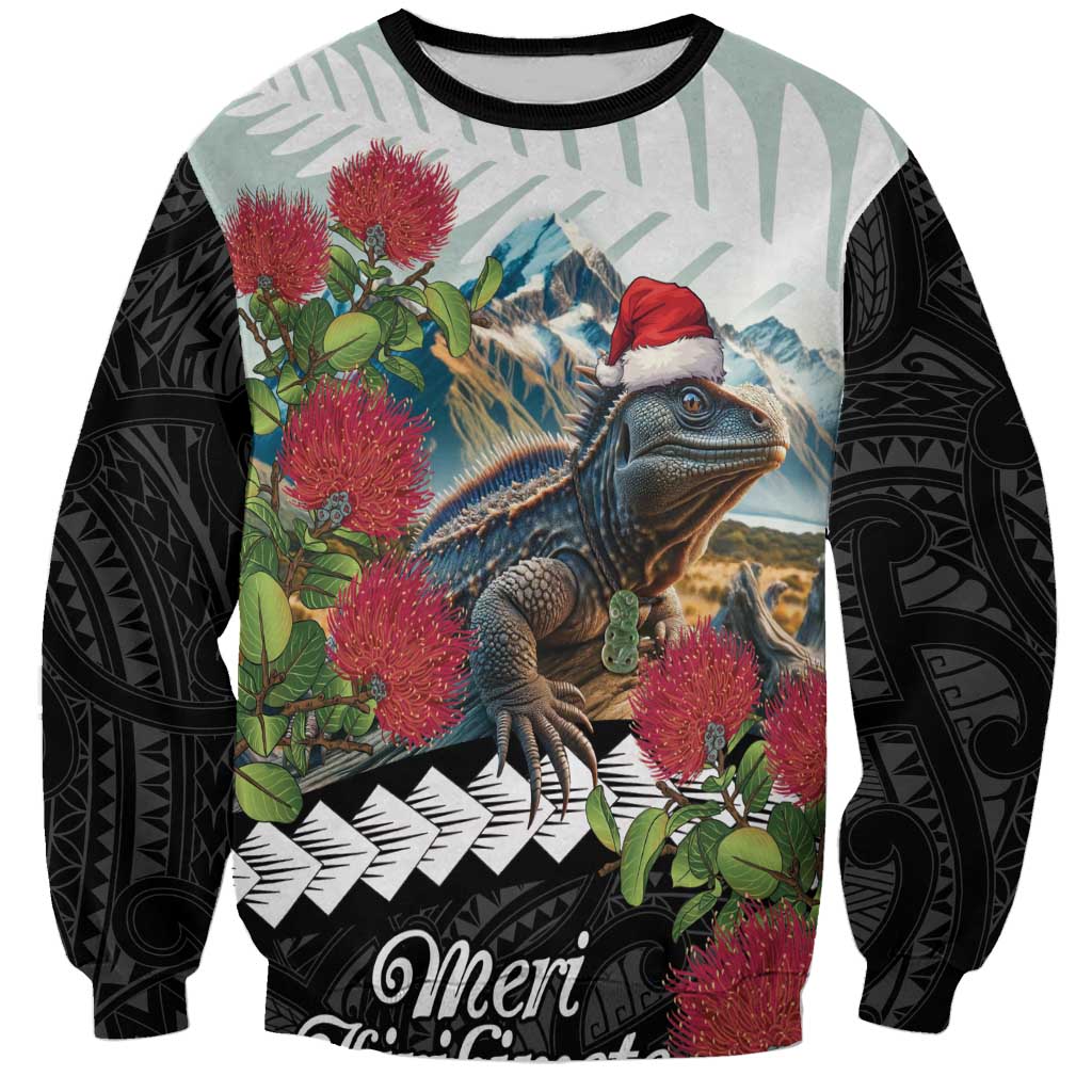 Meri Kirihimete Tuatara Sweatshirt New Zealand Fern with Puhutukawa Flowers