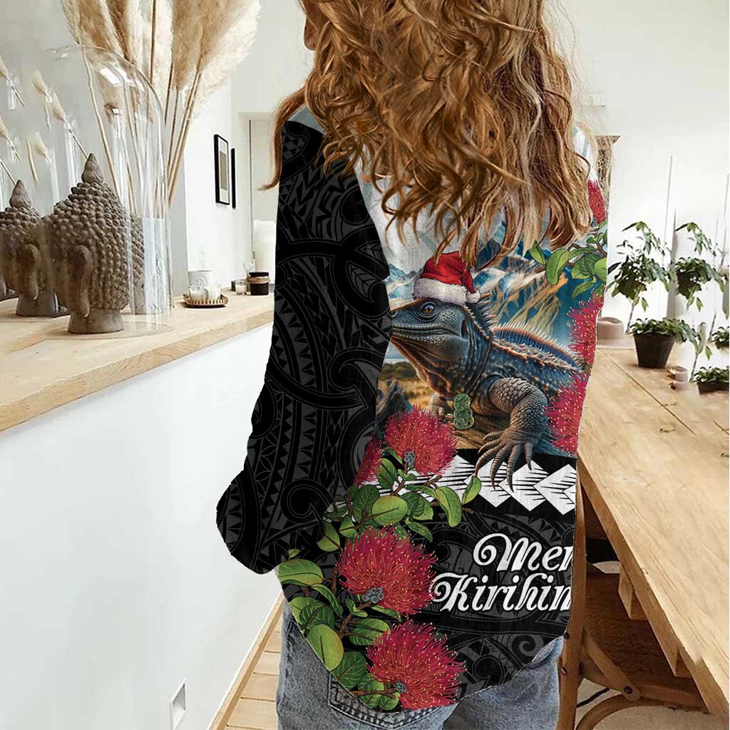 Meri Kirihimete Tuatara Women Casual Shirt New Zealand Fern with Puhutukawa Flowers