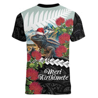 Meri Kirihimete Tuatara Women V-Neck T-Shirt New Zealand Fern with Puhutukawa Flowers